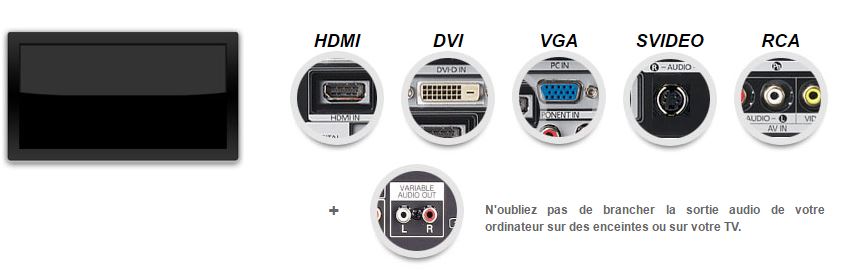 Sorties possibles : HDMI, DVI, VGA, SVIDEO, RCA