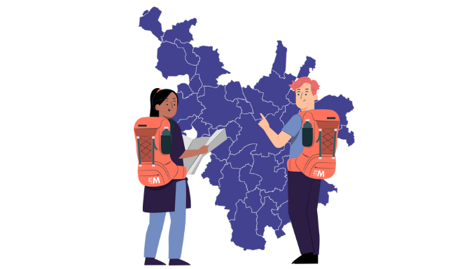Deux personnages équipés de sac-à-dos devant une carte de la métropole rennaise.