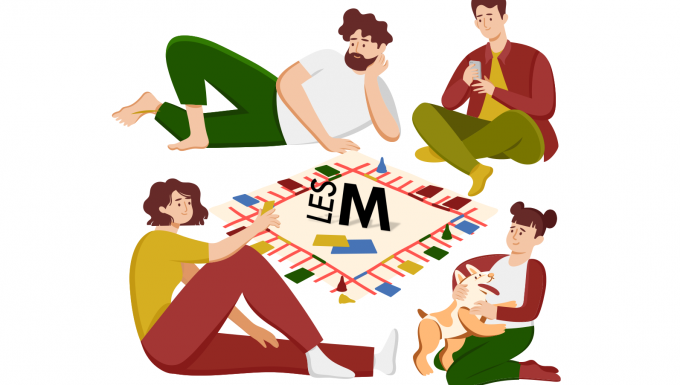 Illustration de quatre personnes réunis autour d'un plateau de jeu.
