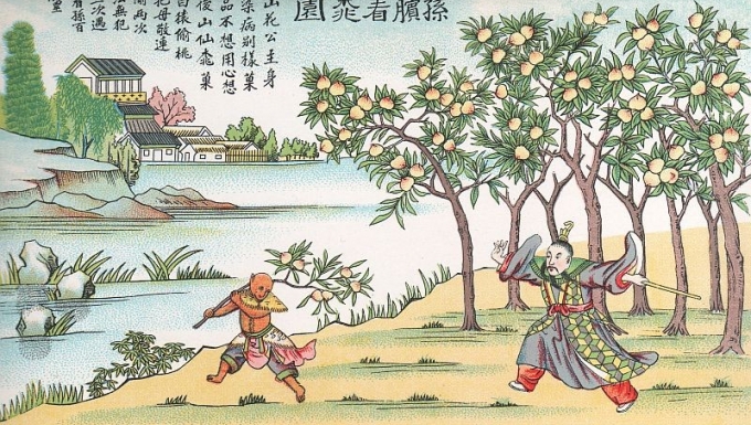 Illustration de la légende de Suen-heou-tse : Yu-hoang maîter des cieux poursuivant Suen-heou-tse, roi des singes
