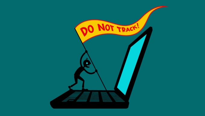 Illustration d'un personnage faisaint face à l'écran d'un ordinateur portable géant. Il brandit un étandard sur lequel est inscrit : "Do not track".