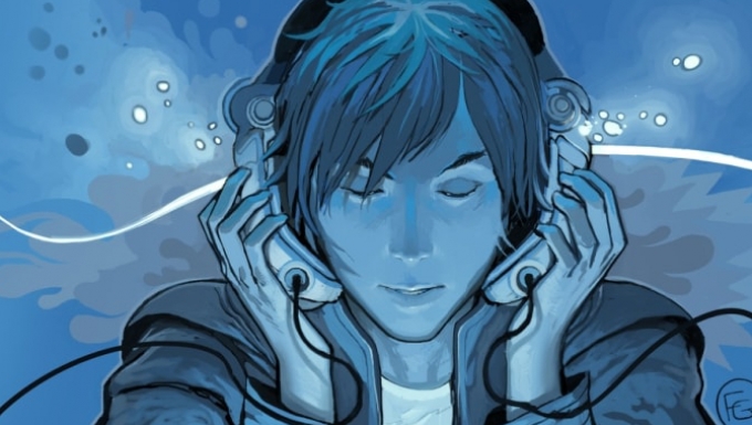 Personnage style manga écoute de la musique dans un casque. Le dessin est tout en nuances de bleus