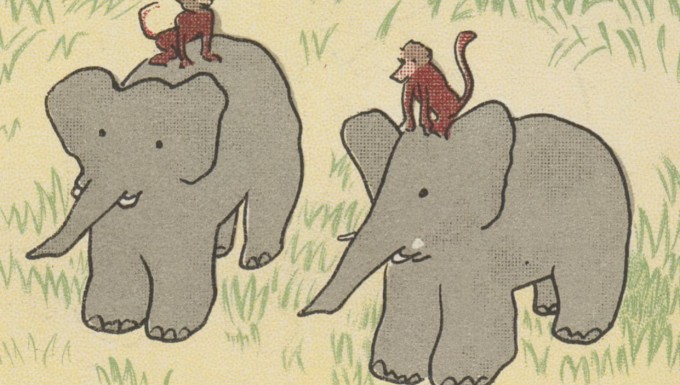 Deux éléphants avec deux singes sur le dos
