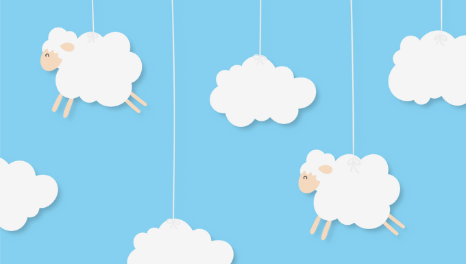 Illustration comportant des nuages parmi lesquels des moutons sont supendus.