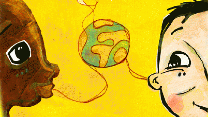 Deux visages d'enfants dessinés avec une planète au centre