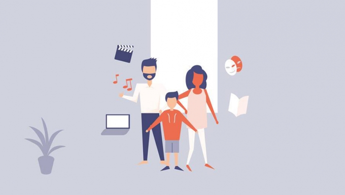 Illustration d'une famille réunie entourée de pictos de documents numériques.