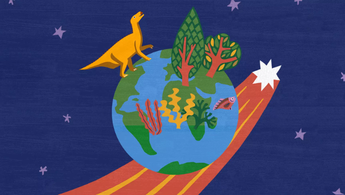 Illustration de la planète Terre en miniature dans l'espace. Des arbres, un dinosaure et un poisson apparaissent à la surface.