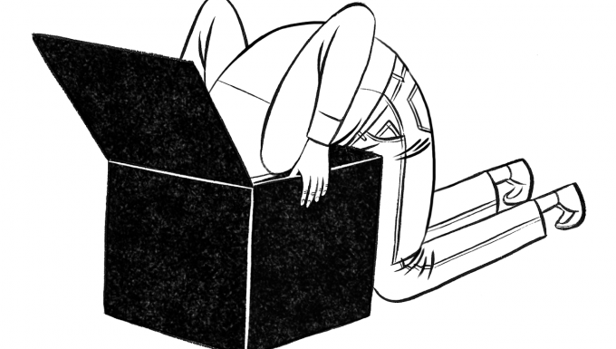 Illustration en noir et blanc d'un personnage la tête plongée dans un carton.