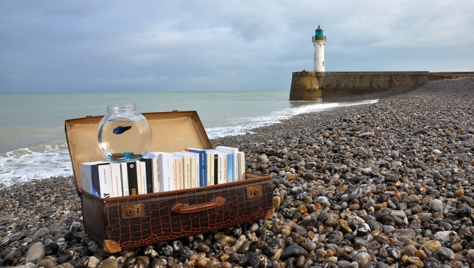 Valise déposée sur une plage contenant des livres et un bocal à poisson rouge. Au loin on aperçoit un phare