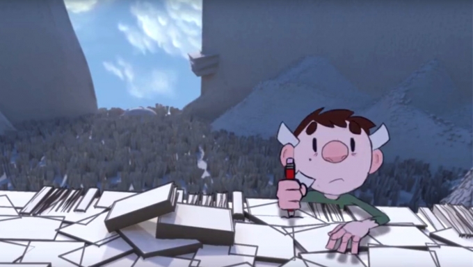 extrait du film d'animation : un personnage d'enfant escaladant une montagne de livres.