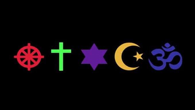 5 symboles religieux (hindouisme, judaïsme, bouddhisme, christianisme et islam) de couleurs différentes sur fond noir.