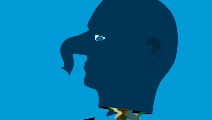 une tête d'homme bleue avec une trompe à la place du nez, différents pieds sous le cou et qui saute des obstacles