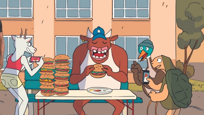 Un personnage mangeant des burgers devant des animaux