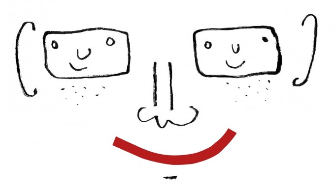 Un dessin schématique représentant un visage souriant. Les yeux sont des écrans contenant également chacun un visage.