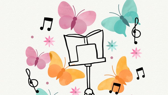 Un dessin de chevalet et de partition, entouré de papillons et notes de musiques