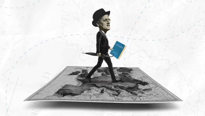 Illustration de l'écrivain James Joyce marchant sur un livre ouvert.