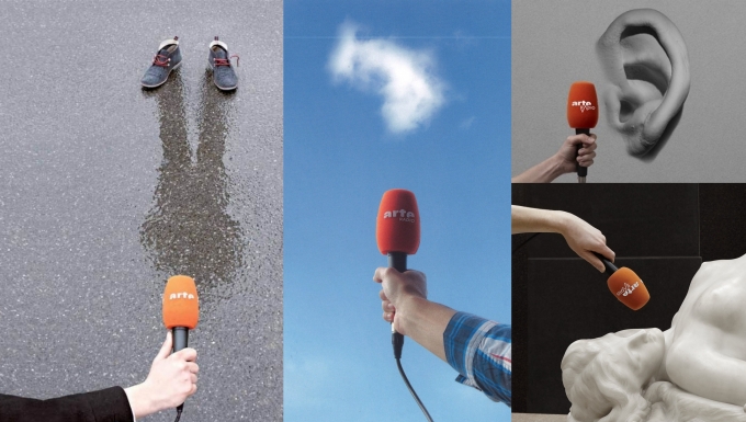 Montage de visuels où un microphone aux couleurs d'Arte Radio est tendu dans différents environnements.