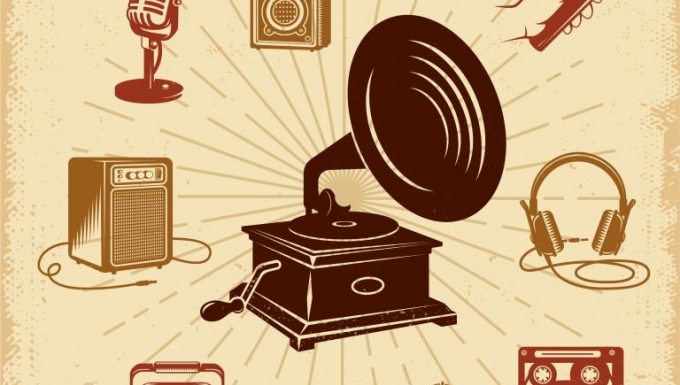Image rétro d'un grammophone, ampli, cassette vidéo, micro, vinyle...
