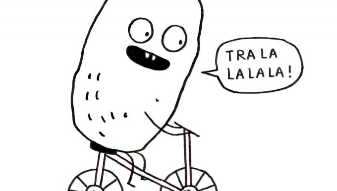 Illustration d'un personnage en forme de patate faisant du vélo.