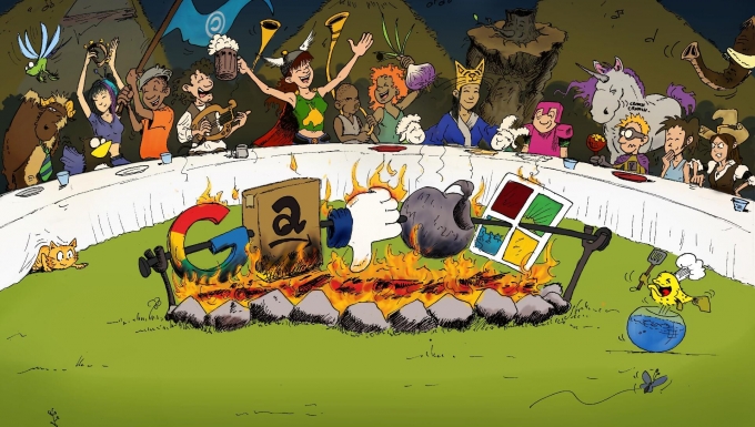 Un dessin parodique de la fameuse scène finale du banquet dans Astérix. À la place de sangliers, les logos des GAFAMS sont en train de cuire à la broche au centre.