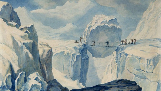 Tableau représentant des membres d'une expédition franchissant une crevasse en montagne.