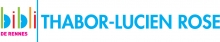 Logo de la bibliothèque composé du diminutif "bibli" en couleurs, d'un trait vertical vert et du mot "Thabor-Lucien Rose" en bleu à la suite. Sous "bibli" est écrit "de Rennes" en rose