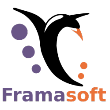Logo De Framasoft. Il est constitué d'un dessin stylisé et simplifié de pingouin/manchot. 3 bulles mauves et 3 bulles oranges l'entourent. Le mot Framasoft est découpé en deux parties : "frama" en mauve et "soft" en orange.