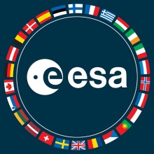 Le logo de l'ESA. Les 3 lettres entourées d'une couronne de drapeaux du monde