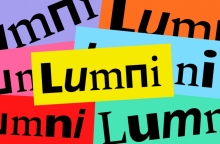 Superposition de logos "Lumni" sur différents fonds de couleur. 