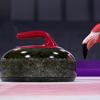 Illustration de la série : un flamand rose face à une pierre de curling.