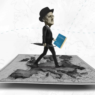 Illustration de l'écrivain James Joyce marchant sur un livre ouvert.