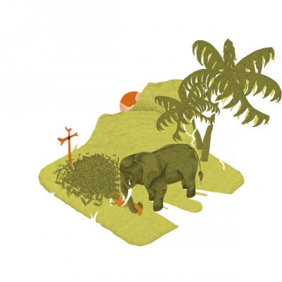 Un dessin d'un éléphant dnas son milieu