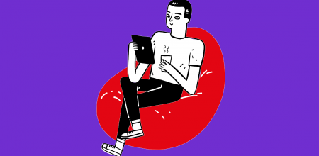 Illustration d'un personnage installé dans une chauffeuse lisant sur une liseuse 