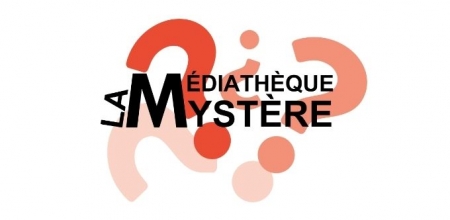 Le bandeau Les Médiathèques détournée en La Médiathèque Mystère, avec en fonds des points d'interrogations rouges