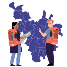 Deux personnages équipés de sac-à-dos devant une carte de la métropole rennaise.