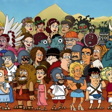 Illustration mettant en scène les 50 personnages antiques de la série d'animation.