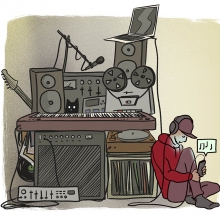 Illustration d'un personnage écoutant de la musique dans son home studio.