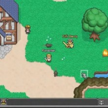 Capture du jeu, on y voit vu du dessus des personnages, des arbres et une maison