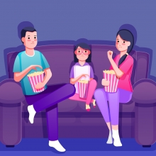 Dessin représentant une famille qui regarde un film en mangeant des popcorns