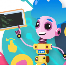 Illustration du personnage principal du site (un robot) donnant des informations sur un ordinateur portable. 