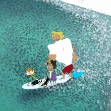 Illustration des personnages surfant sur une vague.
