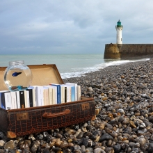 Valise déposée sur une plage contenant des livres et un bocal à poisson rouge. Au loin on aperçoit un phare