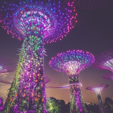 série de tours très futuristes et illuminées en couleurs fluos