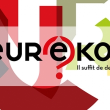 Lettres de couleurs entremêlées constituant un fond pour afficher le logo original d'Eurêkoi (lettres stylisées noires avec au centre un point d'interrogation rouge encerclant la lettre "ê").