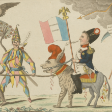 Napoléon chevauche une effrayante créature mi-tigre, mi-âne, portant un bonnet phrygien et expulsant des décorations de la Légion d'honneur, qu'il fait saigner avec ses éperons et la chaîne qui lui sert de rênes.