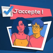 Illustration type BD des deux personnages principaux du jeu  (Sarah et Julien).