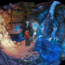 Écran du jeu - un jeune homme et une créature dans une caverne