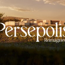 L'écran titre de la visite virtuelle. Le mot Persepolis au dessus d'une vue éloignée de la ville