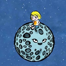 Le personnage de Petit Malabar, un enfant blond, est assis sur ce qui semble être la Lune