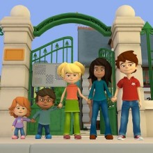 Illustration des cinq personnages de la fiction alignés devant l'entrée d'une école.